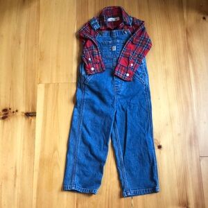 Cathartt Overalls and Boden flannel shirt